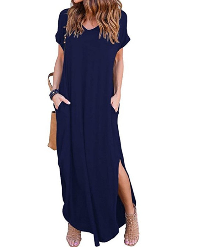 Wholesale Long Dress Summer Hot V-Neck Pocket Split Dress